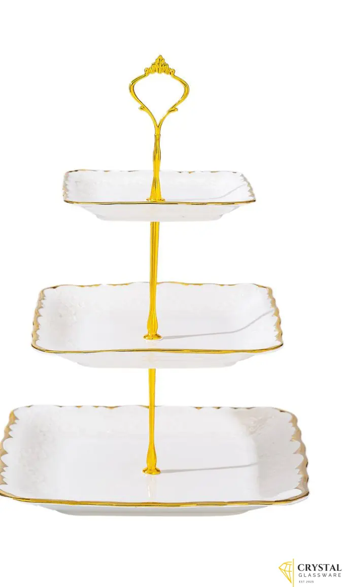 3-tier white ceramic cake stand with gold accents